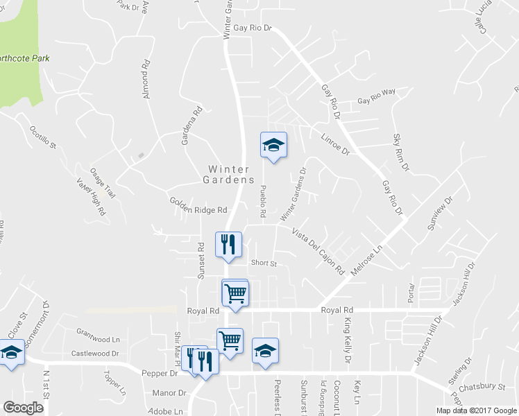 map of restaurants, bars, coffee shops, grocery stores, and more near 8428 Pueblo Road in Lakeside