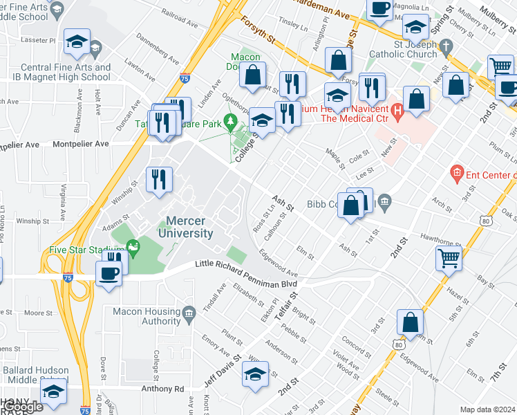 map of restaurants, bars, coffee shops, grocery stores, and more near 1366 Ross Street in Macon