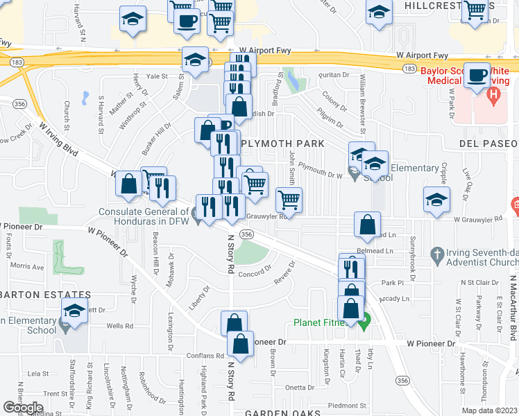 map of restaurants, bars, coffee shops, grocery stores, and more near 2201 West Grauwyler Road in Irving