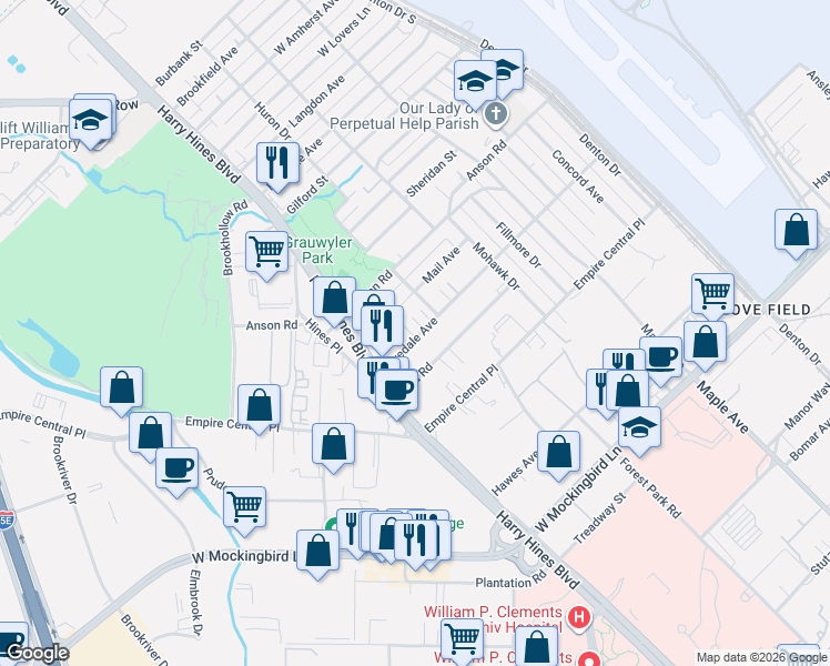 map of restaurants, bars, coffee shops, grocery stores, and more near 2142 Lovedale Avenue in Dallas
