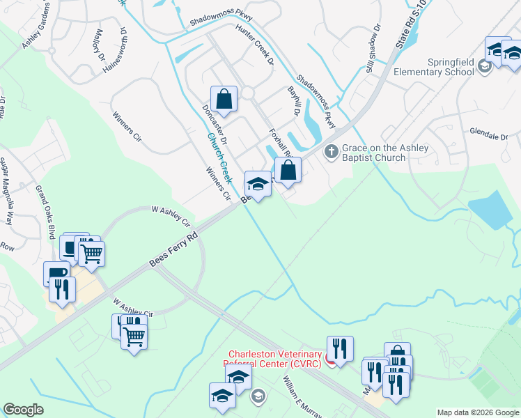 map of restaurants, bars, coffee shops, grocery stores, and more near 1941 Bees Ferry Road in Charleston