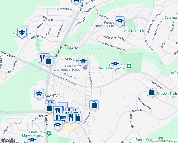 map of restaurants, bars, coffee shops, grocery stores, and more near 5450 La Cuenta Drive in San Diego