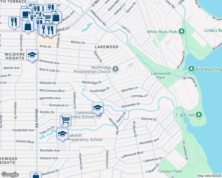 map of restaurants, bars, coffee shops, grocery stores, and more near 6860 Southridge Drive in Dallas