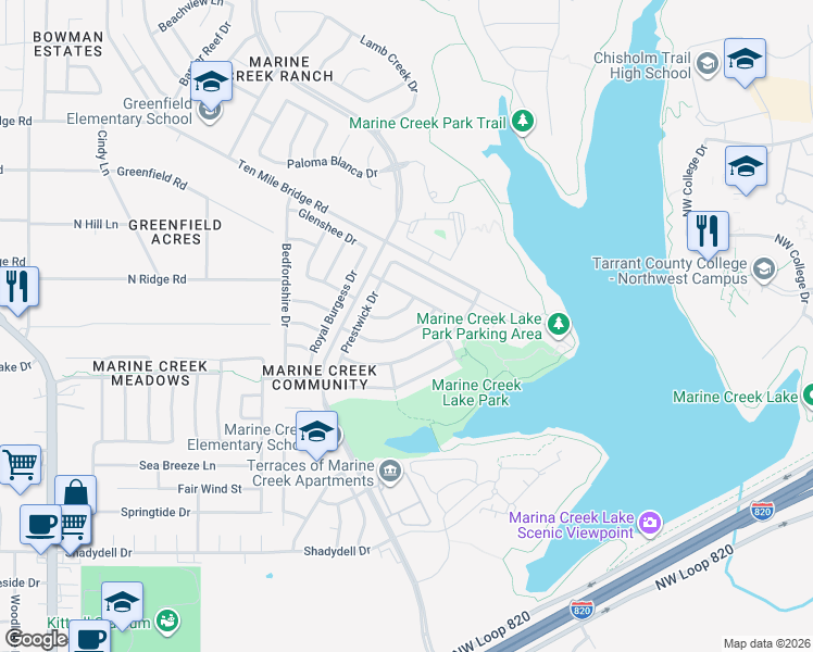 map of restaurants, bars, coffee shops, grocery stores, and more near 5332 Driftway Drive in Fort Worth