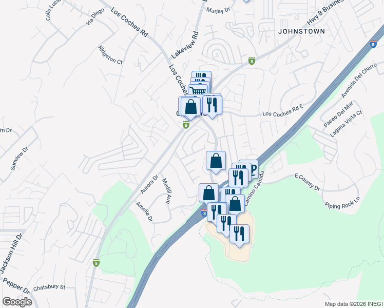 map of restaurants, bars, coffee shops, grocery stores, and more near 13217 Aurora Drive in El Cajon