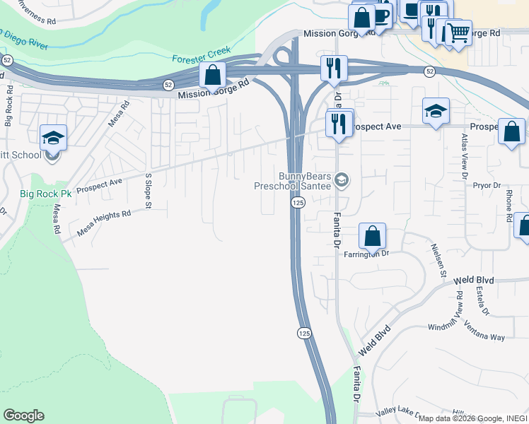 map of restaurants, bars, coffee shops, grocery stores, and more near Placid View Drive in Santee