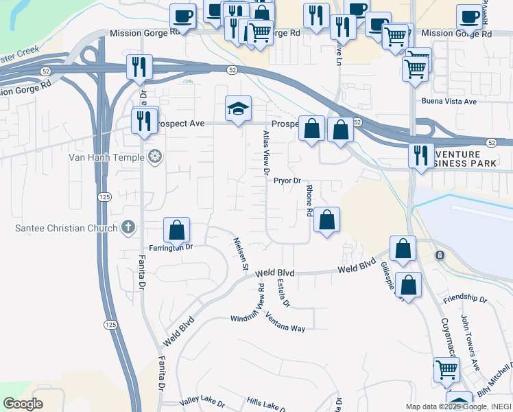 map of restaurants, bars, coffee shops, grocery stores, and more near 9354 Rigsby Drive in Santee