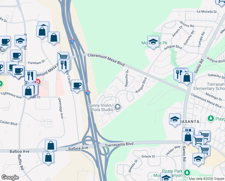 map of restaurants, bars, coffee shops, grocery stores, and more near 9834 Apple Tree Drive in San Diego