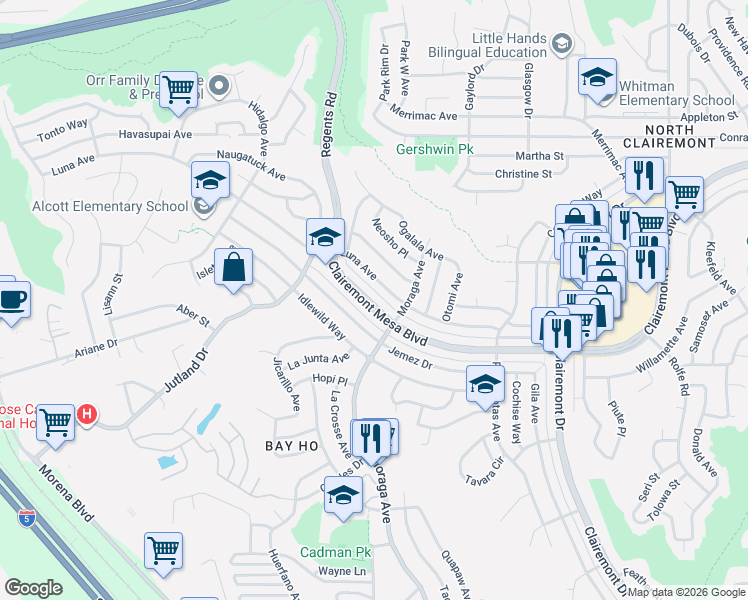 map of restaurants, bars, coffee shops, grocery stores, and more near 3329 Clairemont Mesa Boulevard in San Diego