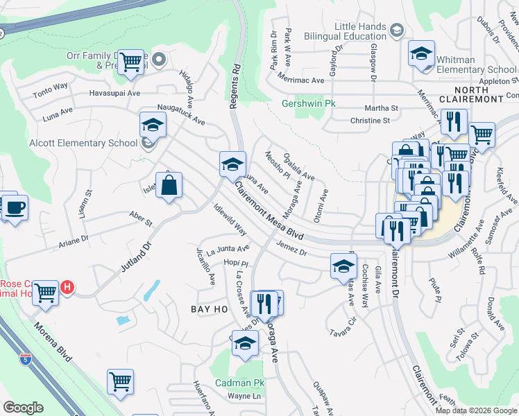 map of restaurants, bars, coffee shops, grocery stores, and more near 3329 Clairemont Mesa Boulevard in San Diego