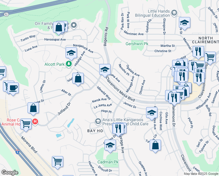 map of restaurants, bars, coffee shops, grocery stores, and more near 3284 Idlewild Way in San Diego