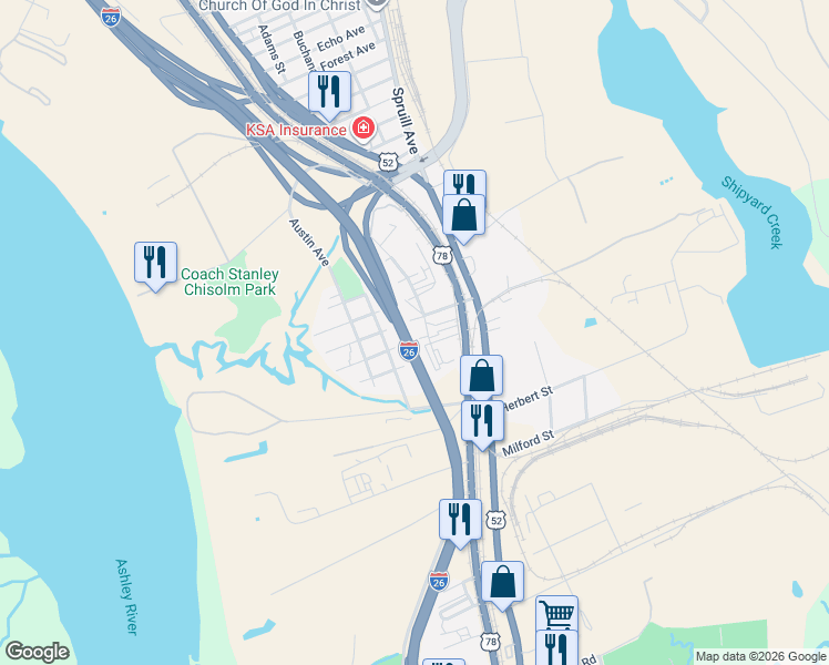 map of restaurants, bars, coffee shops, grocery stores, and more near 1843 Summerville Avenue in North Charleston