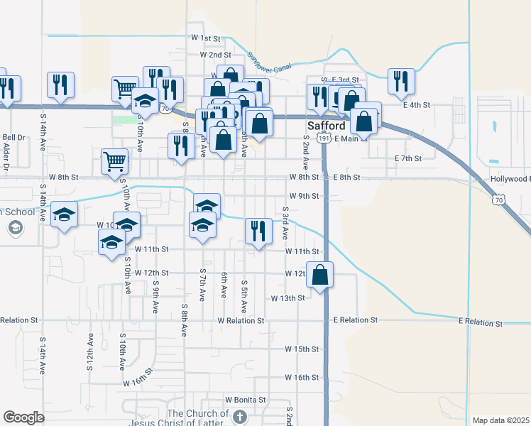 map of restaurants, bars, coffee shops, grocery stores, and more near 928 South Central Avenue in Safford