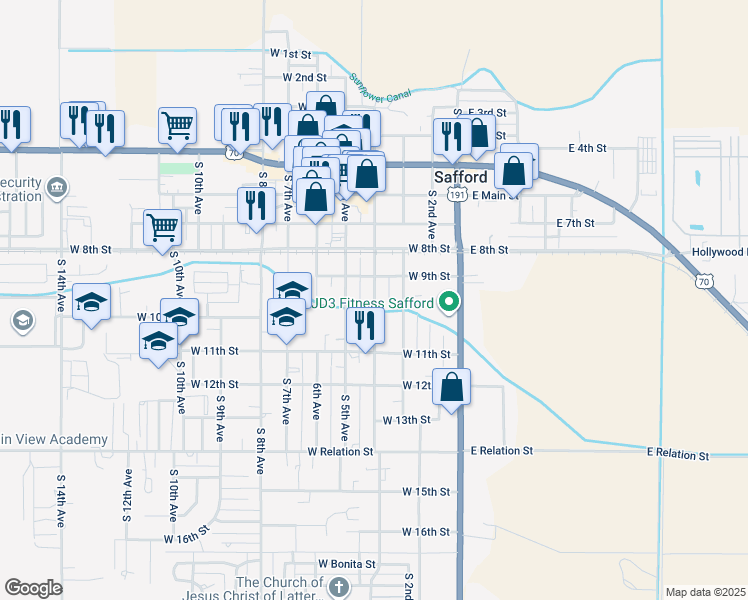 map of restaurants, bars, coffee shops, grocery stores, and more near 928 South Central Avenue in Safford