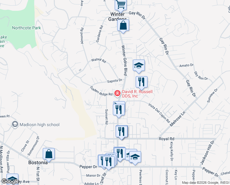 map of restaurants, bars, coffee shops, grocery stores, and more near 8418 Golden Ridge Road in Lakeside