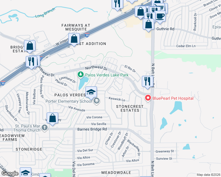 map of restaurants, bars, coffee shops, grocery stores, and more near 4824 Via Ventura in Mesquite