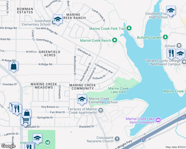 map of restaurants, bars, coffee shops, grocery stores, and more near 5108 Prestwick Drive in Fort Worth