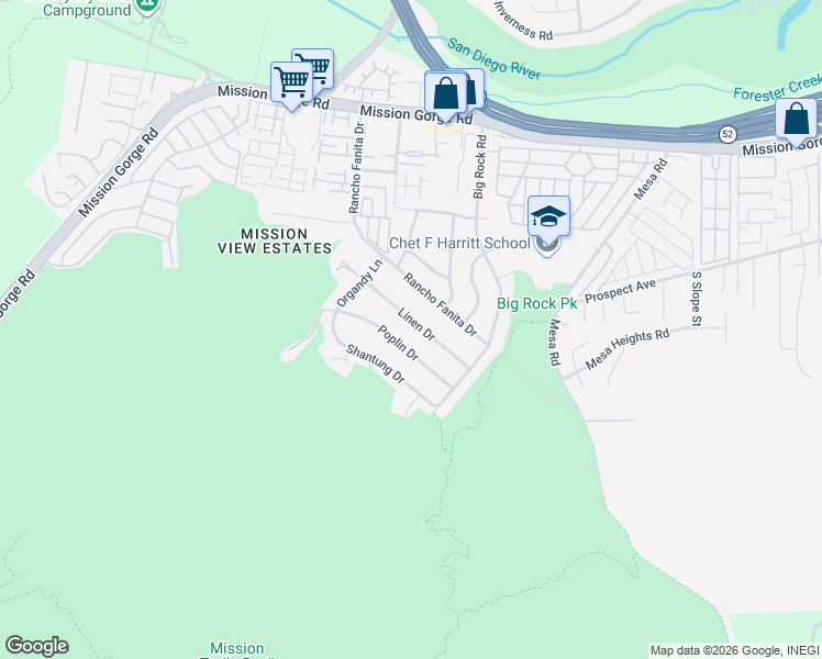 map of restaurants, bars, coffee shops, grocery stores, and more near 8001 Linen Drive in Santee