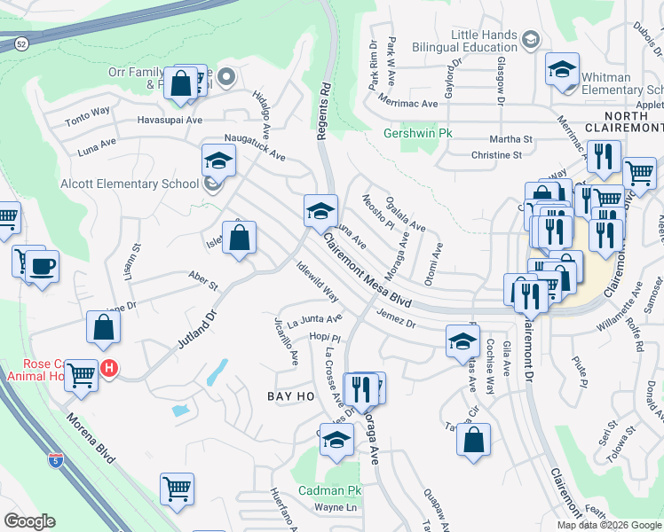 map of restaurants, bars, coffee shops, grocery stores, and more near 3284 Idlewild Way in San Diego
