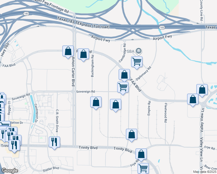 map of restaurants, bars, coffee shops, grocery stores, and more near 4545 Cambridge Road in Fort Worth