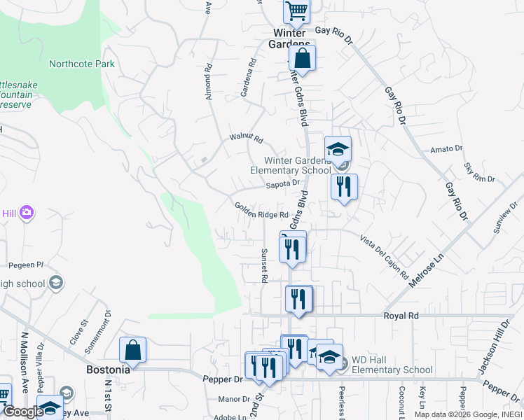 map of restaurants, bars, coffee shops, grocery stores, and more near 8468 Golden Ridge Road in Lakeside