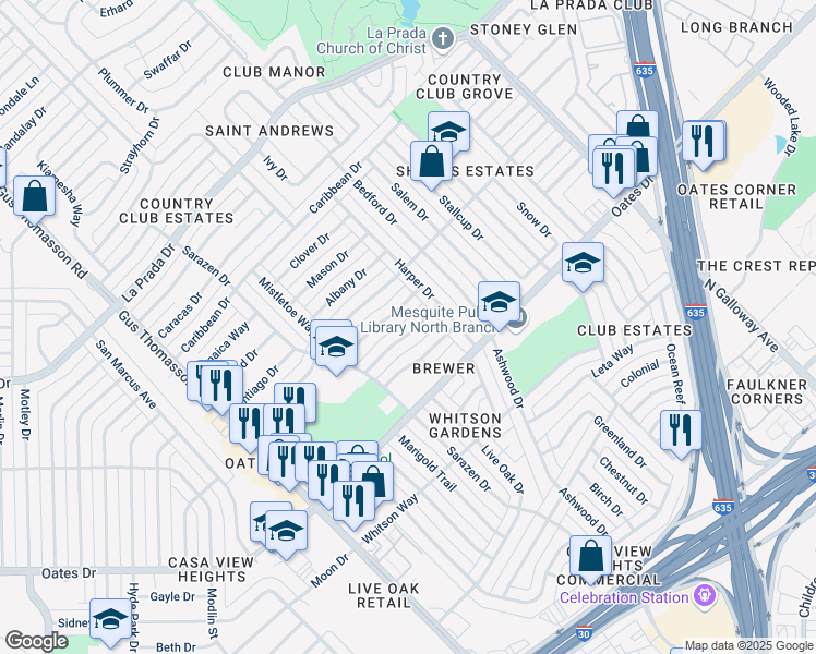 map of restaurants, bars, coffee shops, grocery stores, and more near 2821 Maple Drive in Mesquite