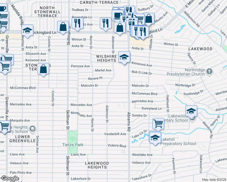 map of restaurants, bars, coffee shops, grocery stores, and more near 6319 McCommas Boulevard in Dallas