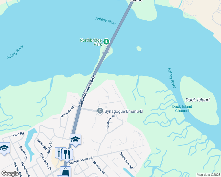 map of restaurants, bars, coffee shops, grocery stores, and more near 7 Leichester Road in Charleston