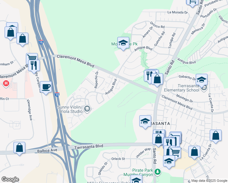 map of restaurants, bars, coffee shops, grocery stores, and more near 5367 Outlook Point in San Diego