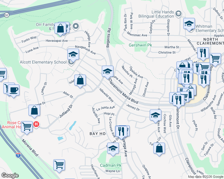 map of restaurants, bars, coffee shops, grocery stores, and more near 3252 Jemez Drive in San Diego