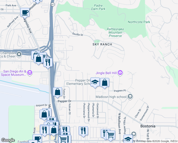 map of restaurants, bars, coffee shops, grocery stores, and more near 8435 Wenatchee Avenue in El Cajon