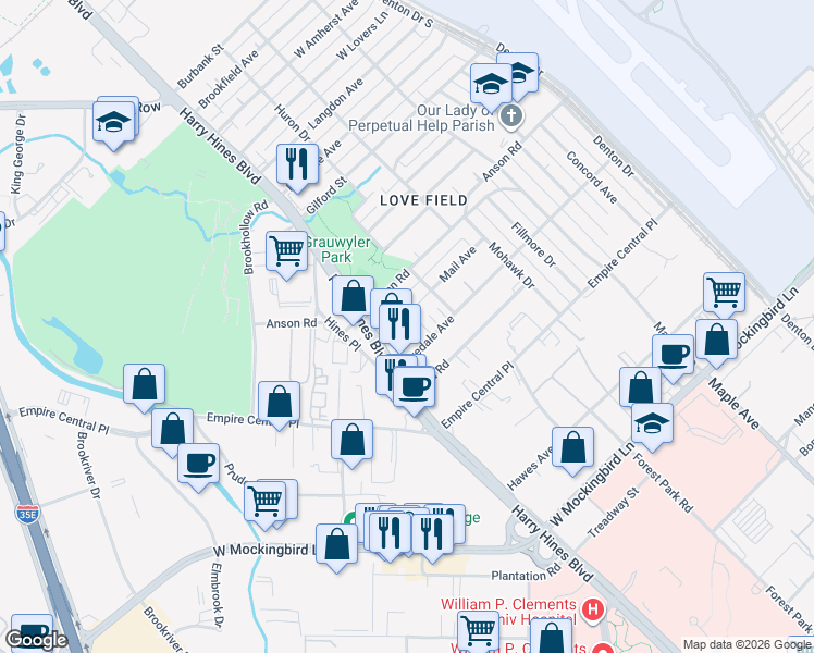 map of restaurants, bars, coffee shops, grocery stores, and more near 7310 Harry Hines Boulevard in Dallas