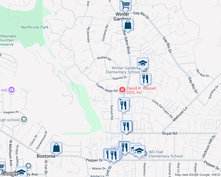 map of restaurants, bars, coffee shops, grocery stores, and more near 8332 Sunset Road in Lakeside