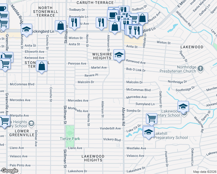 map of restaurants, bars, coffee shops, grocery stores, and more near 6319 McCommas Boulevard in Dallas