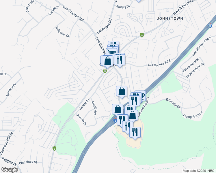 map of restaurants, bars, coffee shops, grocery stores, and more near 13217 Aurora Drive in El Cajon