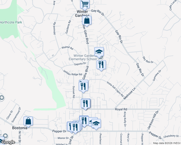 map of restaurants, bars, coffee shops, grocery stores, and more near 8337 Winter Gardens Boulevard in Lakeside