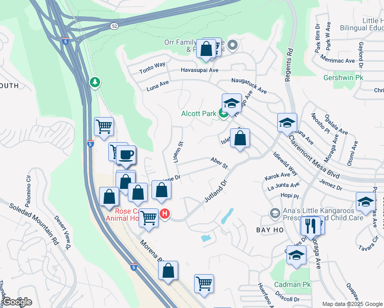 map of restaurants, bars, coffee shops, grocery stores, and more near 2941 Aber Street in San Diego
