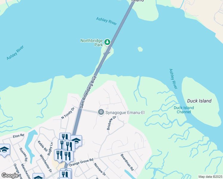 map of restaurants, bars, coffee shops, grocery stores, and more near 7 Leichester Road in Charleston