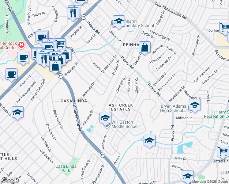 map of restaurants, bars, coffee shops, grocery stores, and more near 1631 McCosh Drive in Dallas
