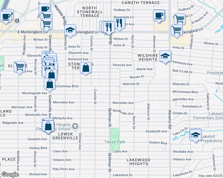 map of restaurants, bars, coffee shops, grocery stores, and more near 6037 Morningside Avenue in Dallas