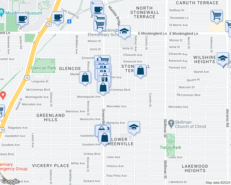 map of restaurants, bars, coffee shops, grocery stores, and more near 5747 Morningside Avenue in Dallas