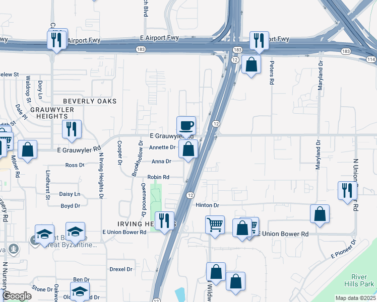 map of restaurants, bars, coffee shops, grocery stores, and more near 1421 North Loop 12 in Irving