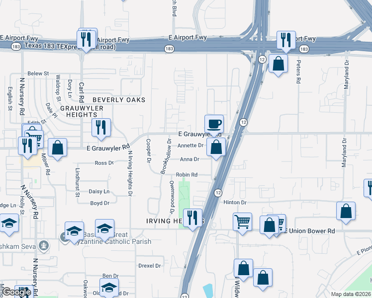 map of restaurants, bars, coffee shops, grocery stores, and more near 1829 Anna Drive in Irving