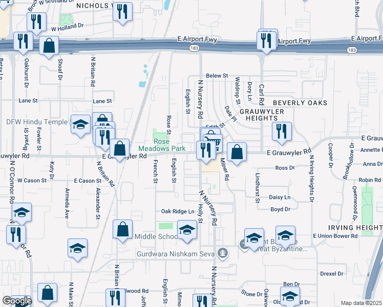 map of restaurants, bars, coffee shops, grocery stores, and more near 1421 North Nursery Road in Irving