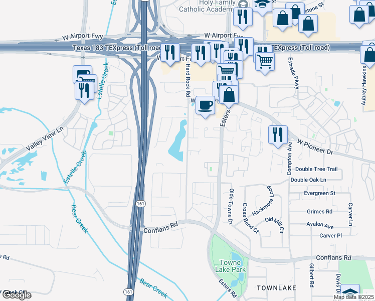 map of restaurants, bars, coffee shops, grocery stores, and more near 1418 Hard Rock Road in Irving