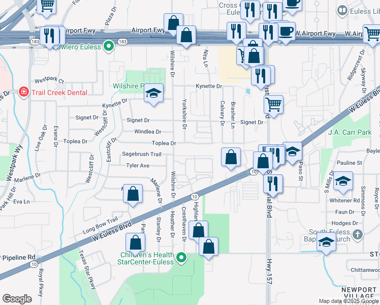 map of restaurants, bars, coffee shops, grocery stores, and more near 700 Wilshire Drive in Euless