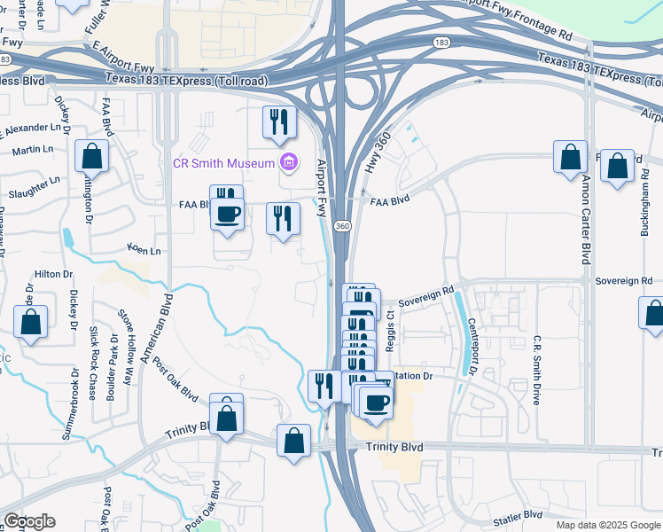 map of restaurants, bars, coffee shops, grocery stores, and more near 4401 Highway 360 in Fort Worth