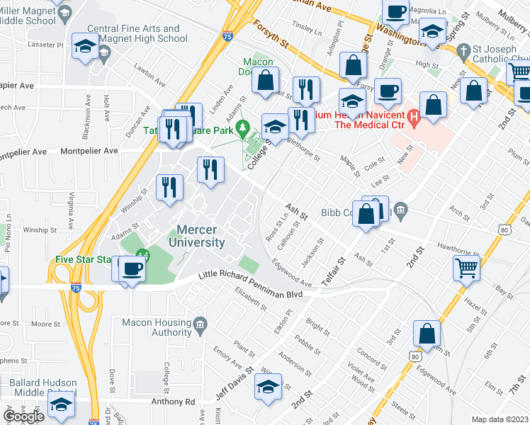 map of restaurants, bars, coffee shops, grocery stores, and more near 1371 Ross Street in Macon