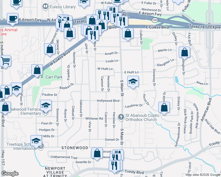 map of restaurants, bars, coffee shops, grocery stores, and more near 119 Reaves Court in Euless