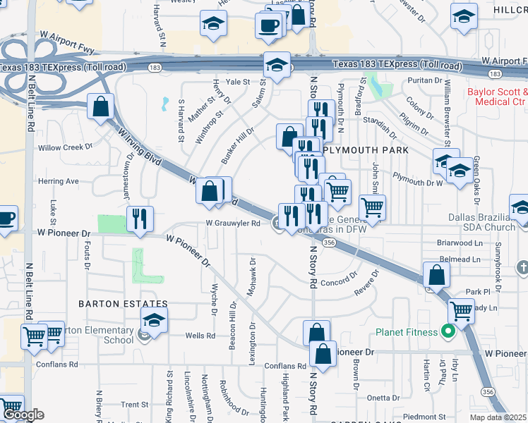 map of restaurants, bars, coffee shops, grocery stores, and more near 2807 West Grauwyler Road in Irving